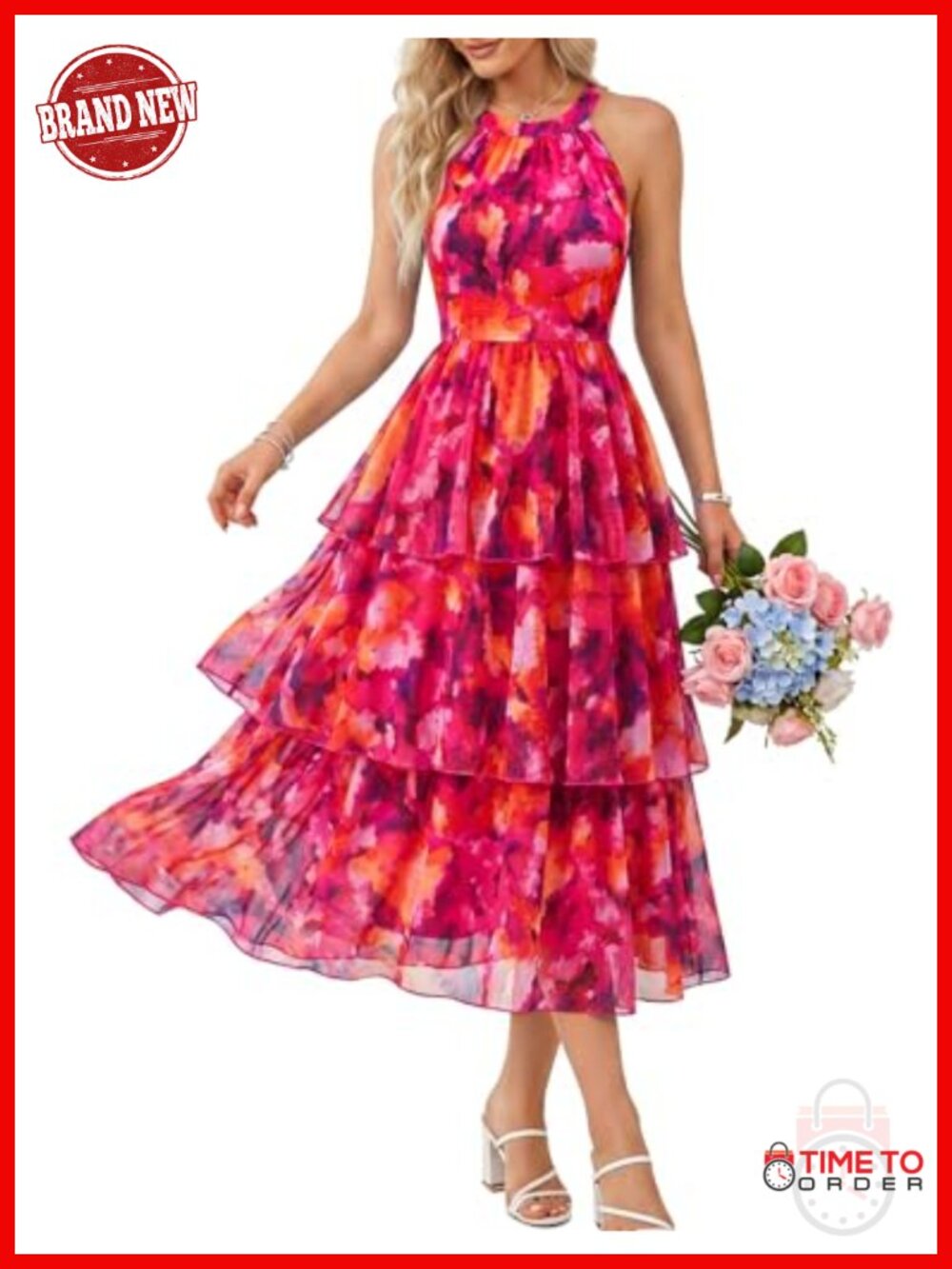 Bbonlinedress Women Halter Floral Midi Dress Mesh Tiered Flowy Sundress
